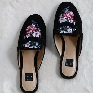 White House Black Market -EMBROIDERED SUEDE SLIDES